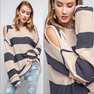 Striped oversized cold shoulder top
